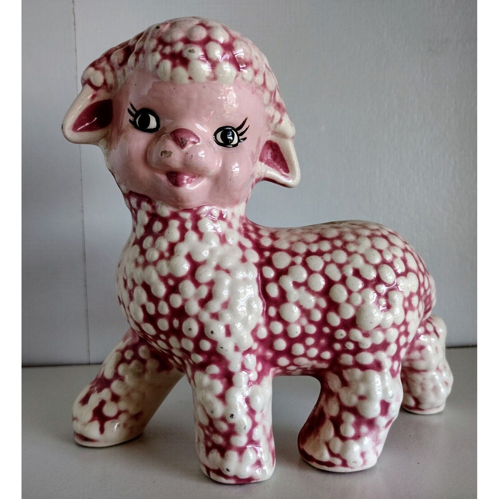 Vintage Dark Pink Ceramic Anthropomorphic Lamb